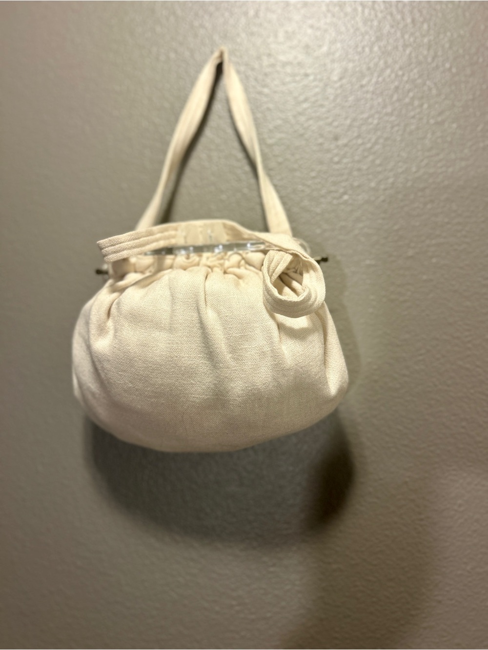 Vintage Style Curtain Rod Canvas Handbag Clear Lucite Frame Cream Pouch Purse 50